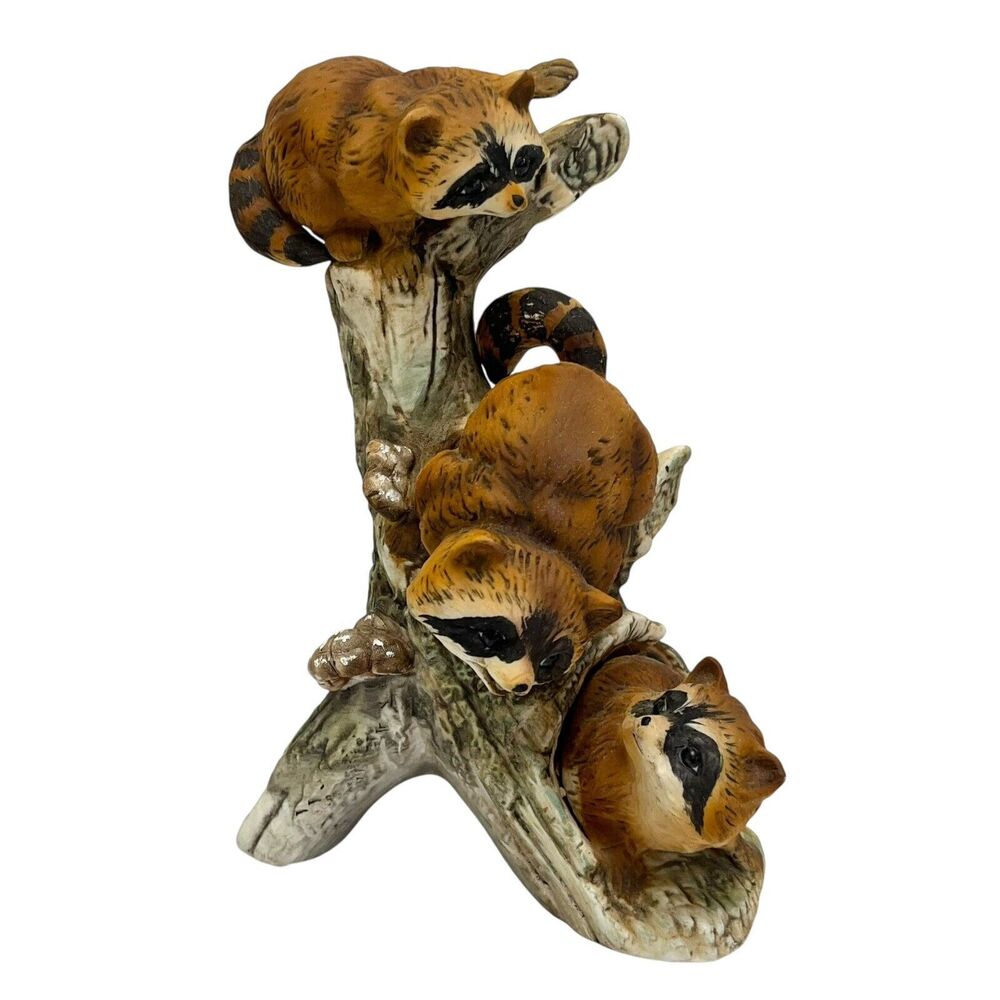 Vintage Homco 1978 Masterpiece 3 Porcelain Baby‎ Raccoons on Tree Stump Cute